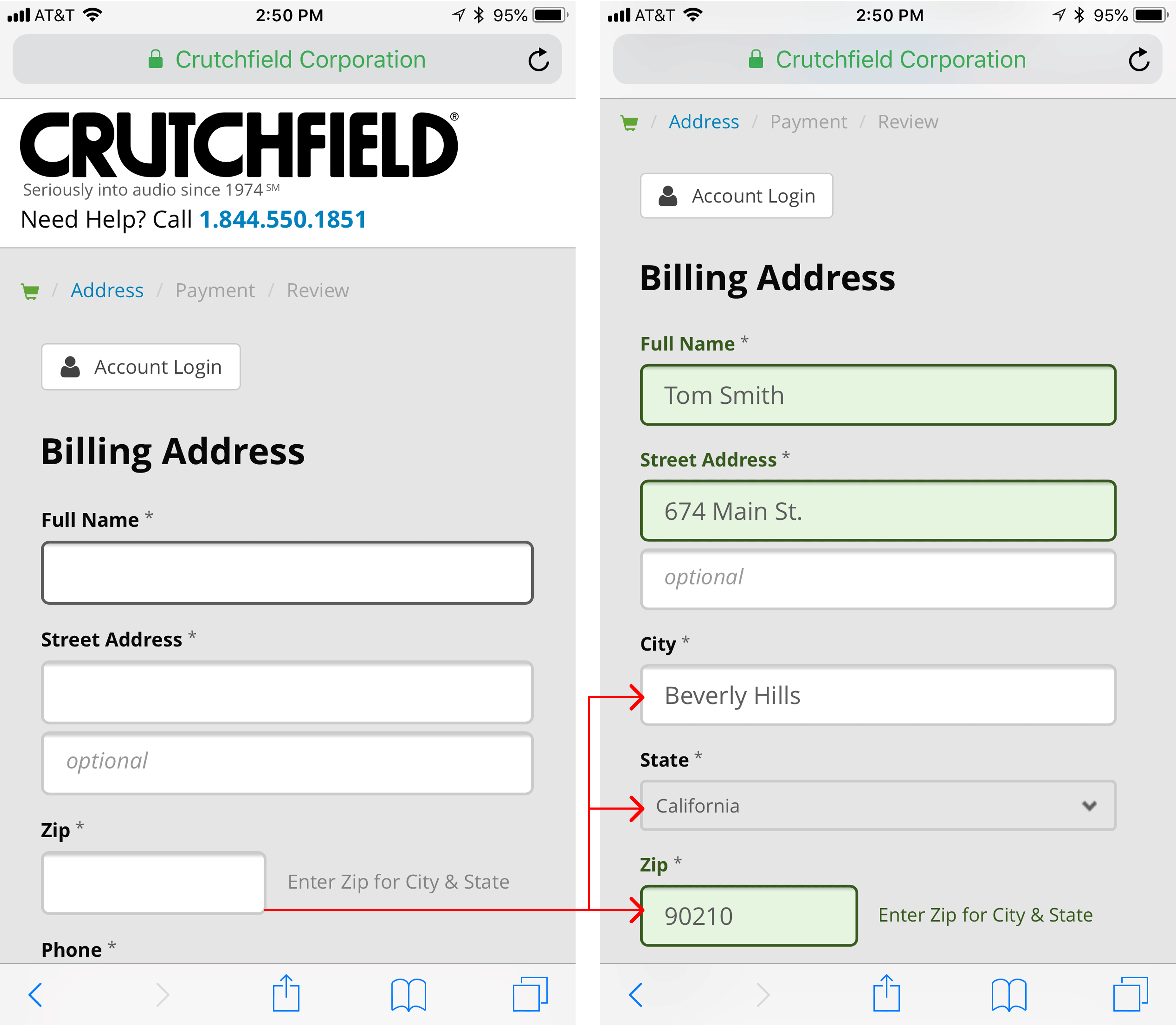Crutchfield uses mobile autofill in their forms.