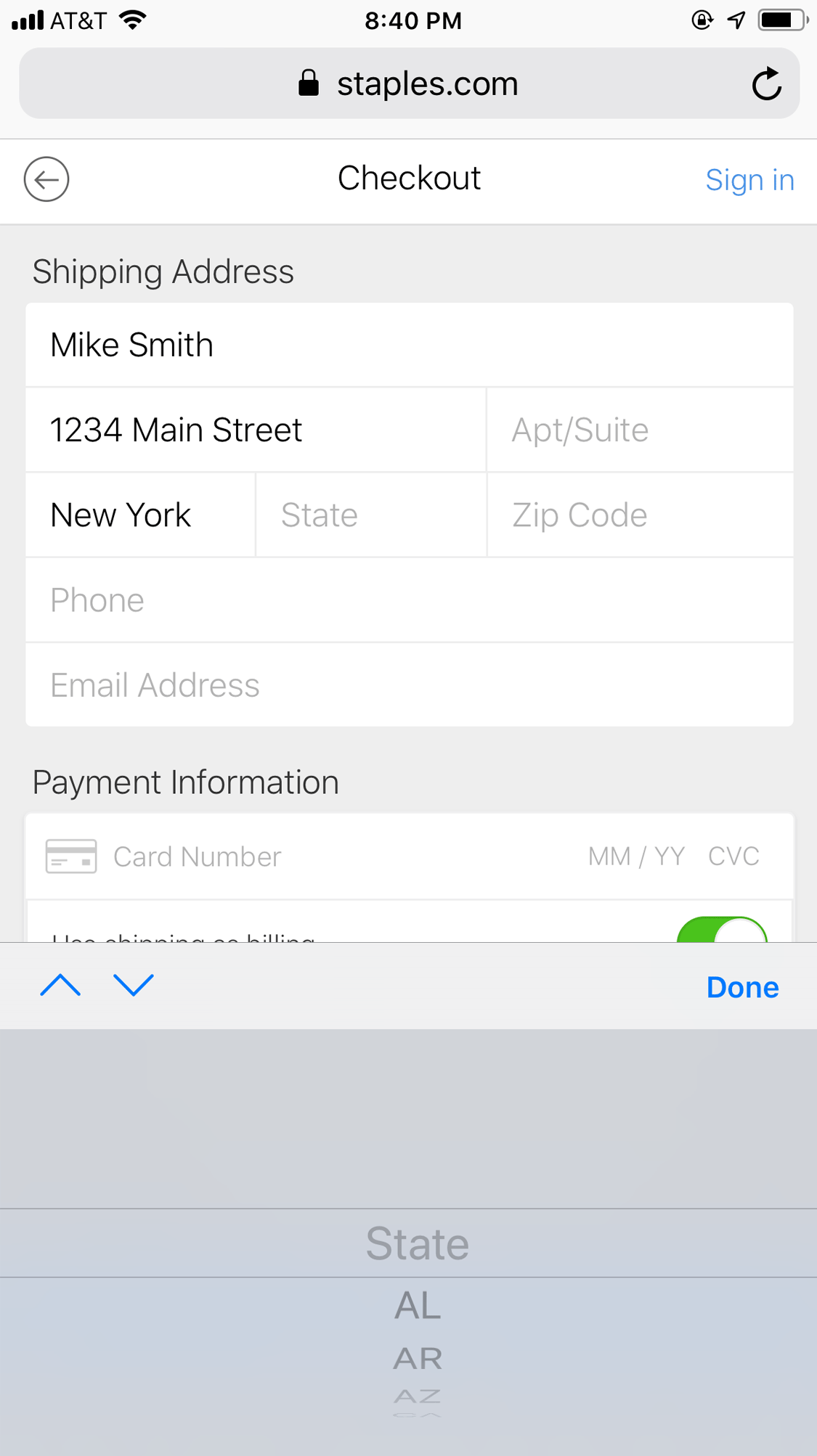 The Mobile Checkout Experience 13 Staples forces users to scroll through a long list of state abbreviations.