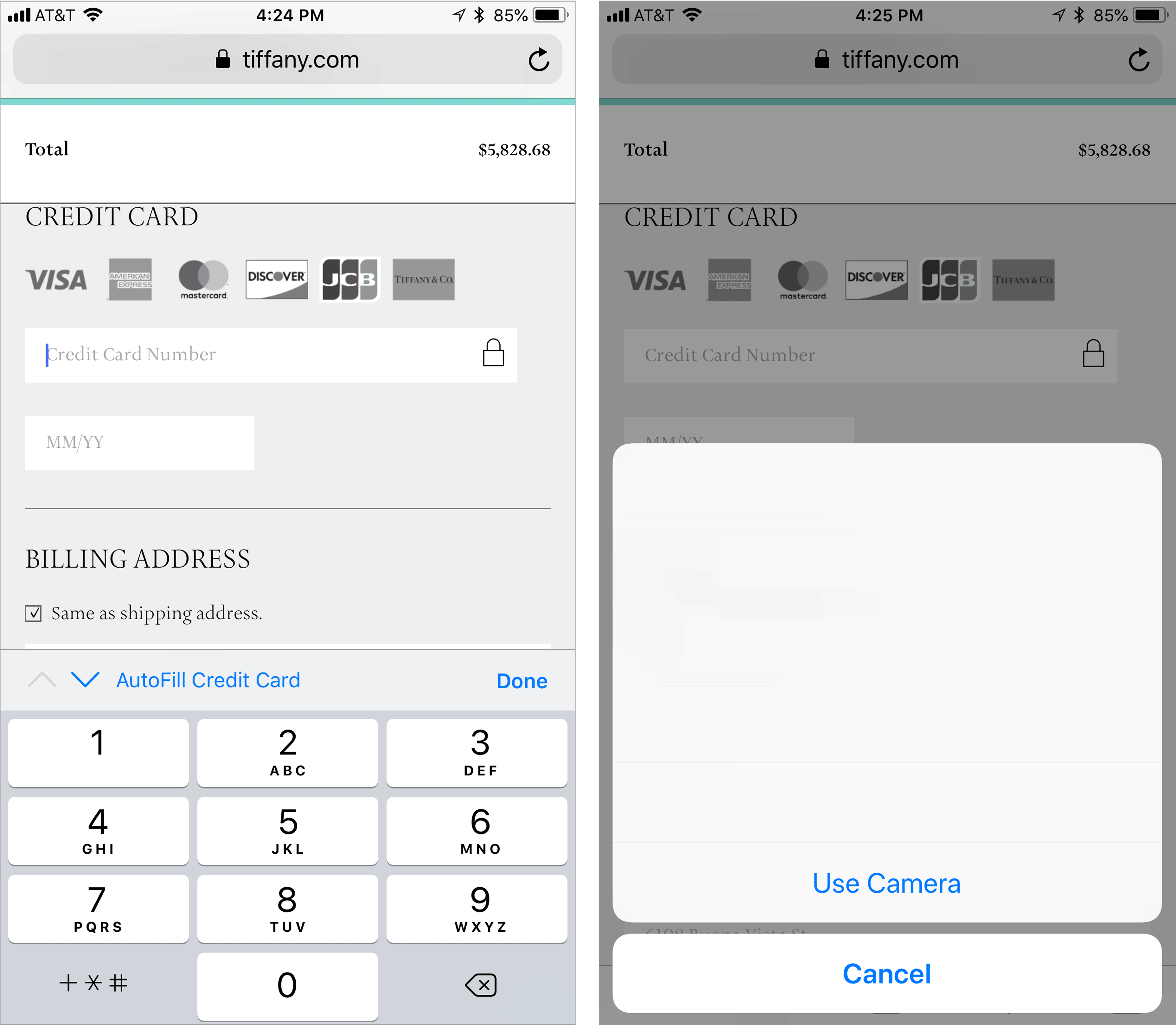 The Mobile Checkout Experience 16 Tiffanys.com lets users take a photo of their credit card to pay.